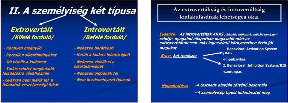 Nehezen viselik el a sikertelenséget - Nehezen oldódnak fel - Nem kezdeményezı típusok Eysenck : Az introvertáltak ARAS / felszálló retikuláris aktiváló rendszer/ szintje nyugalmi állapotban magasabb