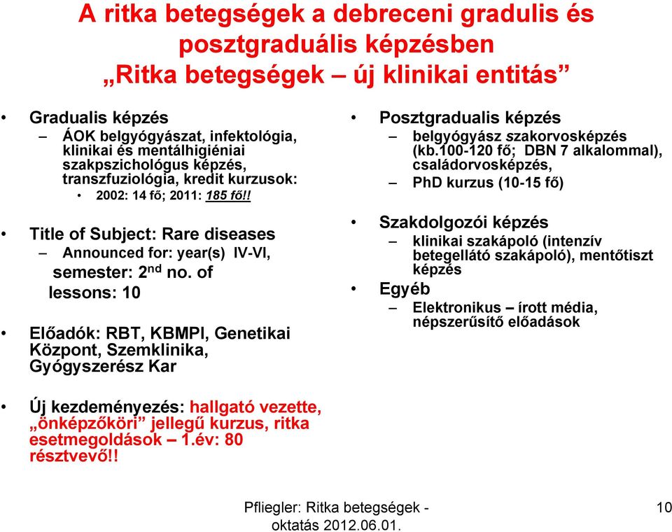 of lessons: 10 Előadók: RBT, KBMPI, Genetikai Központ, Szemklinika, Gyógyszerész Kar Posztgradualis képzés belgyógyász szakorvosképzés (kb.