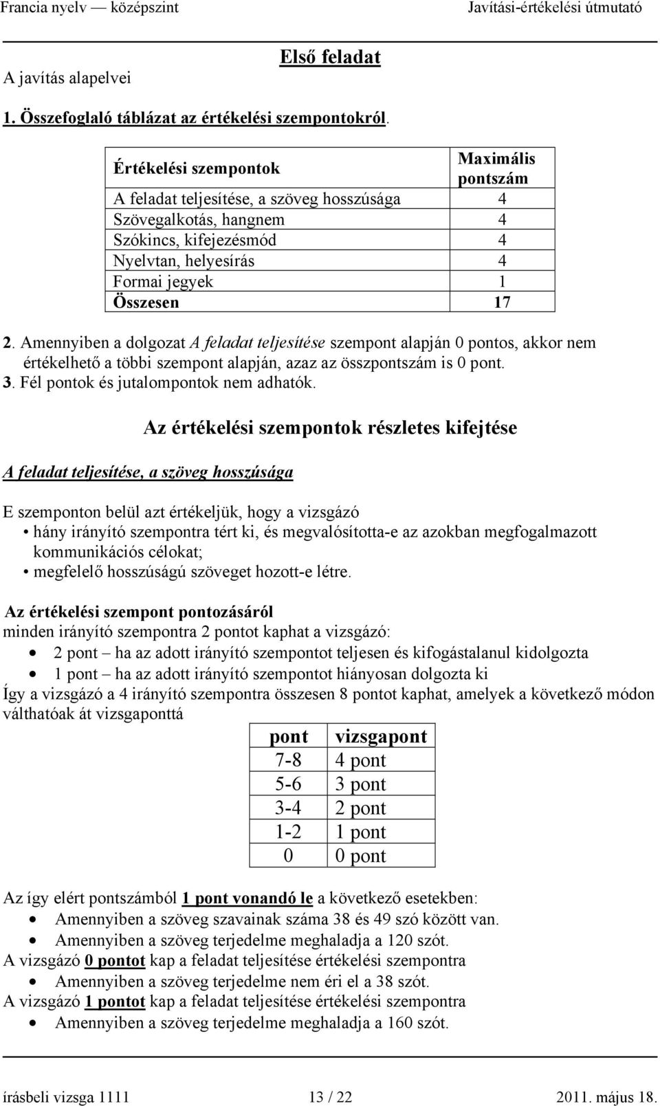 Amennyiben a dolgozat A feladat teljesítése szempont alapján 0 pontos, akkor nem értékelhető a többi szempont alapján, azaz az összpontszám is 0 pont. 3. Fél pontok és jutalompontok nem adhatók.