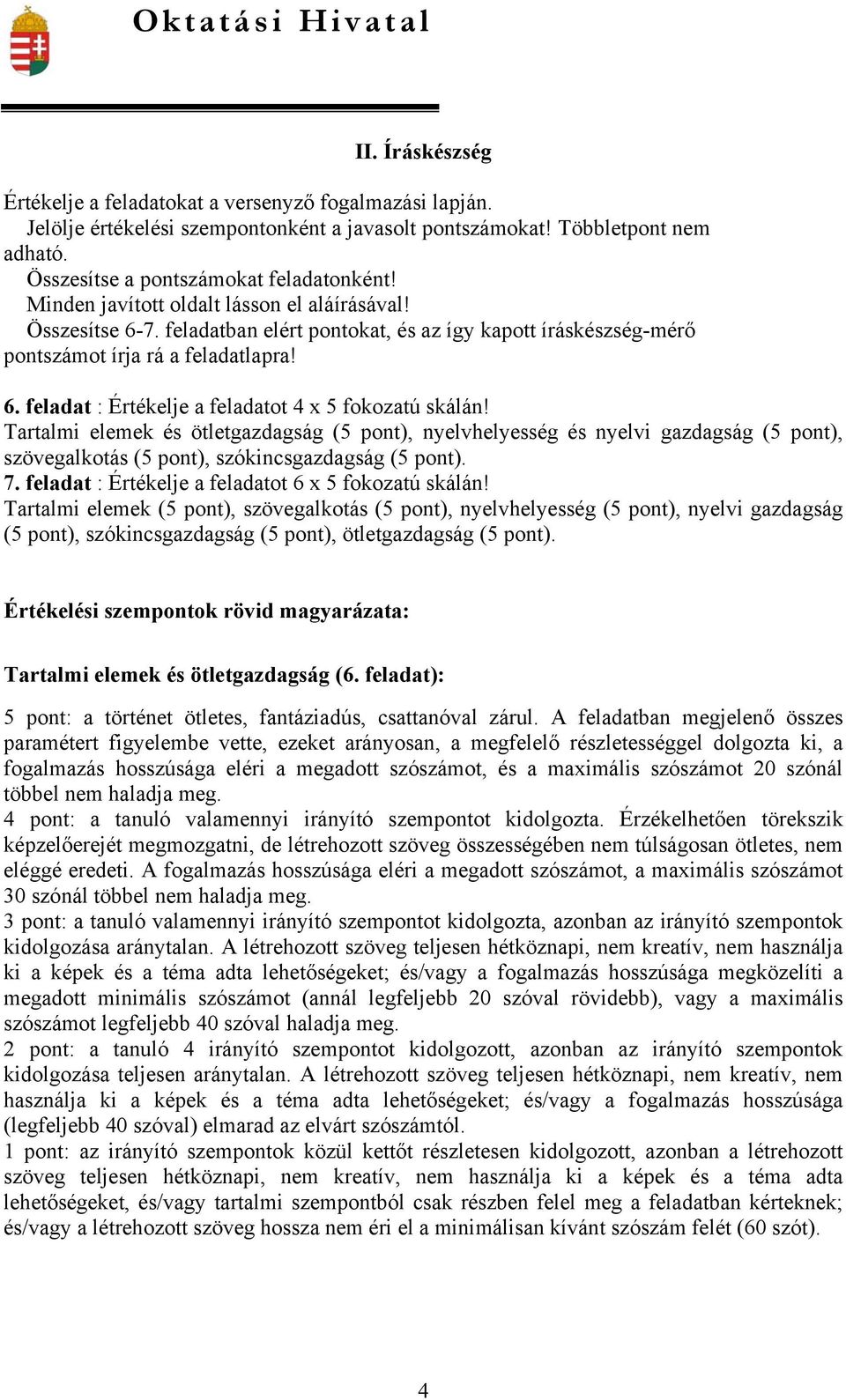 Tartalmi elemek és ötletgazdagság (5 pont), nyelvhelyesség és nyelvi gazdagság (5 pont), szövegalkotás (5 pont), szókincsgazdagság (5 pont). 7. feladat : Értékelje a feladatot 6 x 5 fokozatú skálán!