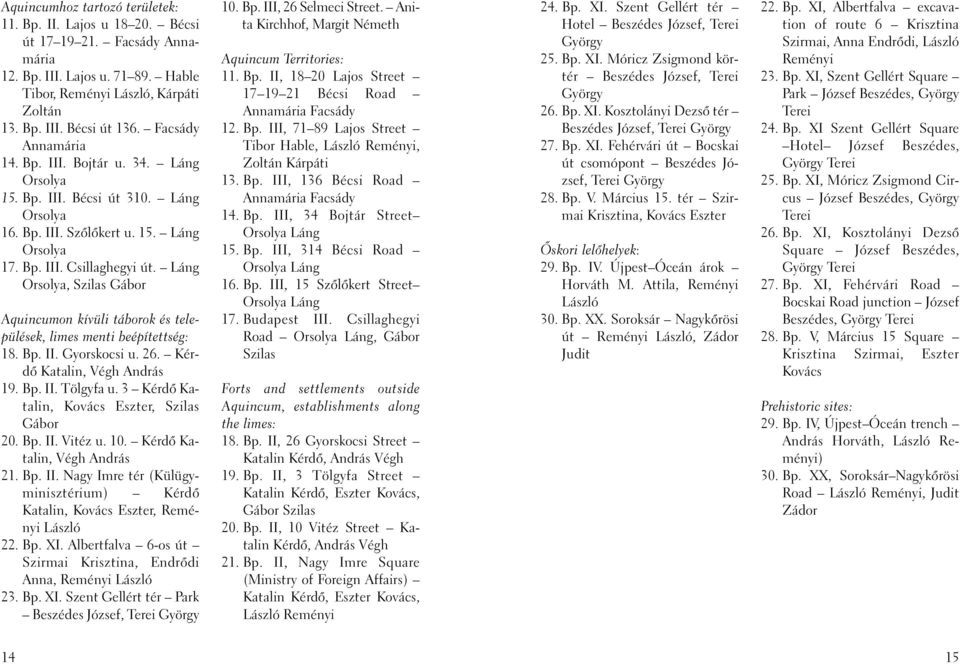 Láng Orsolya, Szilas Gábor Aquincumon kívüli táborok és települések, limes menti beépítettség: 18. Bp. II. Gyorskocsi u. 26. Kérdõ Katalin, Végh András 19. Bp. II. Tölgyfa u.