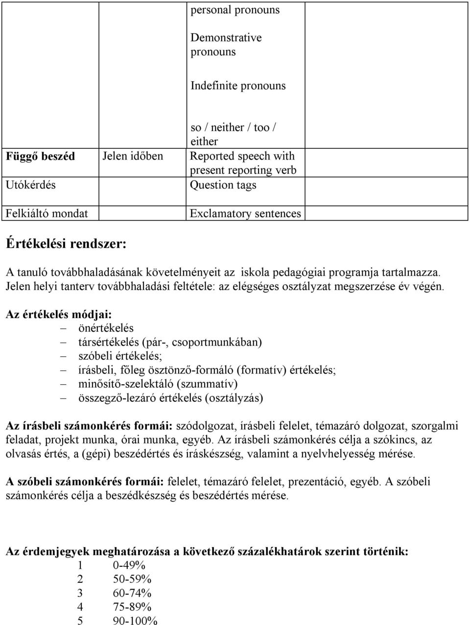 Jelen helyi tanterv továbbhaladási feltétele: az elégséges osztályzat megszerzése év végén.