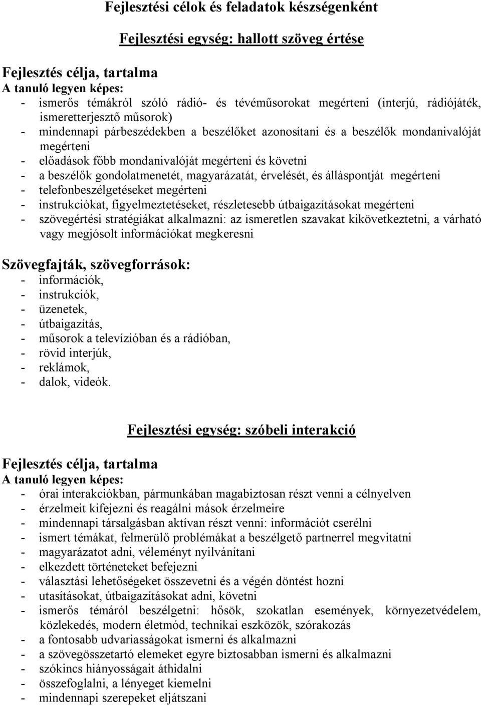 beszélők gondolatmenetét, magyarázatát, érvelését, és álláspontját megérteni - telefonbeszélgetéseket megérteni - instrukciókat, figyelmeztetéseket, részletesebb útbaigazításokat megérteni -