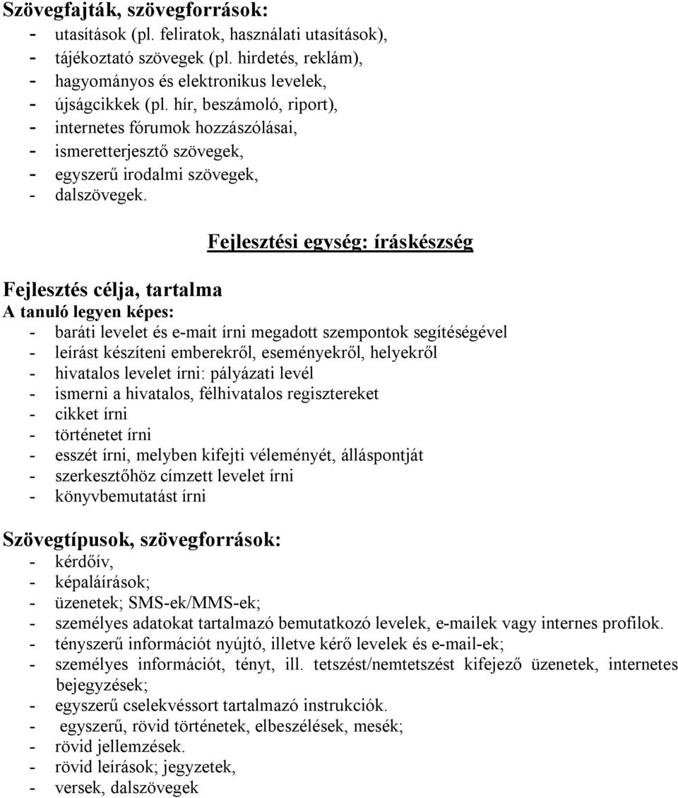 Fejlesztési egység: íráskészség Fejlesztés célja, tartalma A tanuló legyen képes: - baráti levelet és e-mait írni megadott szempontok segítéségével - leírást készíteni emberekről, eseményekről,