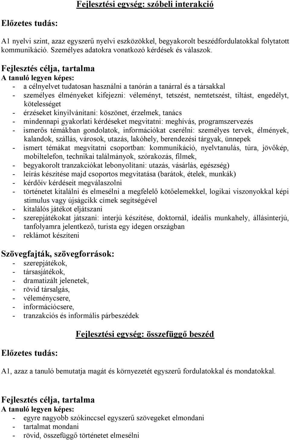 Fejlesztés célja, tartalma A tanuló legyen képes: - a célnyelvet tudatosan használni a tanórán a tanárral és a társakkal - személyes élményeket kifejezni: véleményt, tetszést, nemtetszést, tiltást,