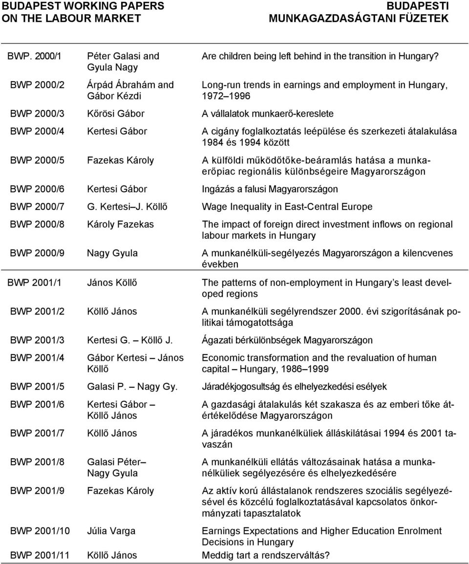 Long-run trends in earnings and employment in Hungary, 1972 1996 BWP 2000/3 Kőrösi Gábor A vállalatok munkaerő-kereslete BWP 2000/4 Kertesi Gábor A cigány foglalkoztatás leépülése és szerkezeti