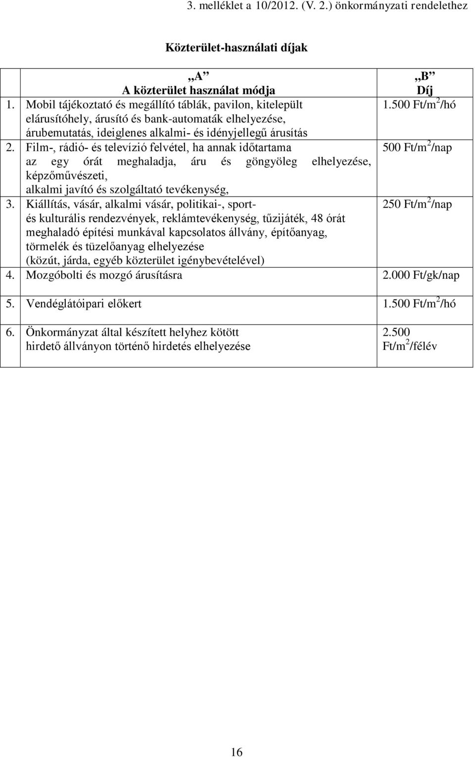 Film-, rádió- és televízió felvétel, ha annak időtartama 500 Ft/m 2 /nap az egy órát meghaladja, áru és göngyöleg elhelyezése, képzőművészeti, alkalmi javító és szolgáltató tevékenység, 3.