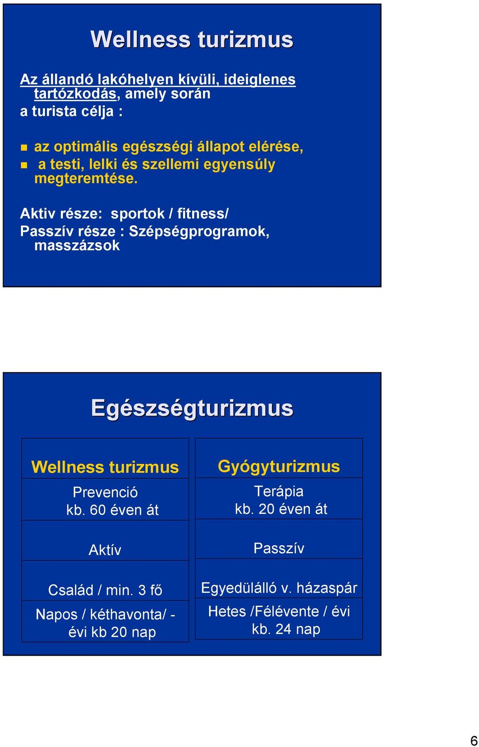 Aktiv része: sportok / fitness/ Passzív része : Szépségprogramok, masszázsok Egészs szségturizmus Wellness turizmus