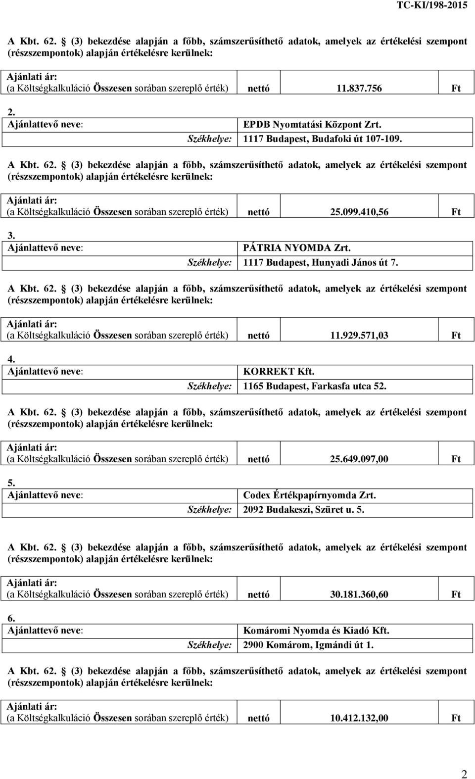 (a Költségkalkuláció Összesen sorában szereplő érték) nettó 11.929.571,03 Ft 4. KORREKT Kft. Székhelye: 1165 Budapest, Farkasfa utca 52. (a Költségkalkuláció Összesen sorában szereplő érték) nettó 25.