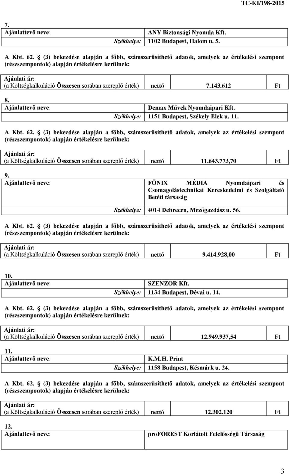 FŐNIX MÉDIA Nyomdaipari és Csomagolástechnikai Kereskedelmi és Szolgáltató Betéti társaság Székhelye: 4014 Debrecen, Mezőgazdász u. 56. (a Költségkalkuláció Összesen sorában szereplő érték) nettó 9.