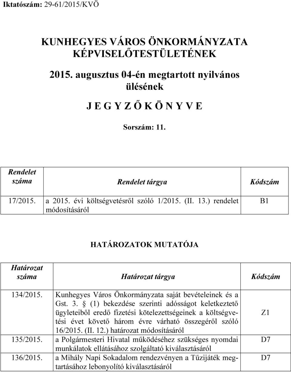 Kunhegyes Város Önkormányzata saját bevételeinek és a Gst. 3.