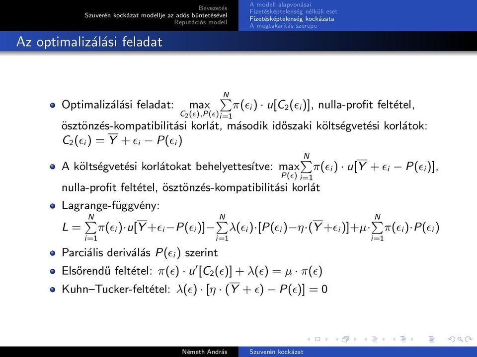 π(ɛ i ) u[y + ɛ i P(ɛ i )], P(ɛ) nulla-profit feltétel, ösztönzés-kompatibilitási korlát Lagrange-függvény: L = N π(ɛ i ) u[y +ɛ i P(ɛ i )] N λ(ɛ i ) [P(ɛ