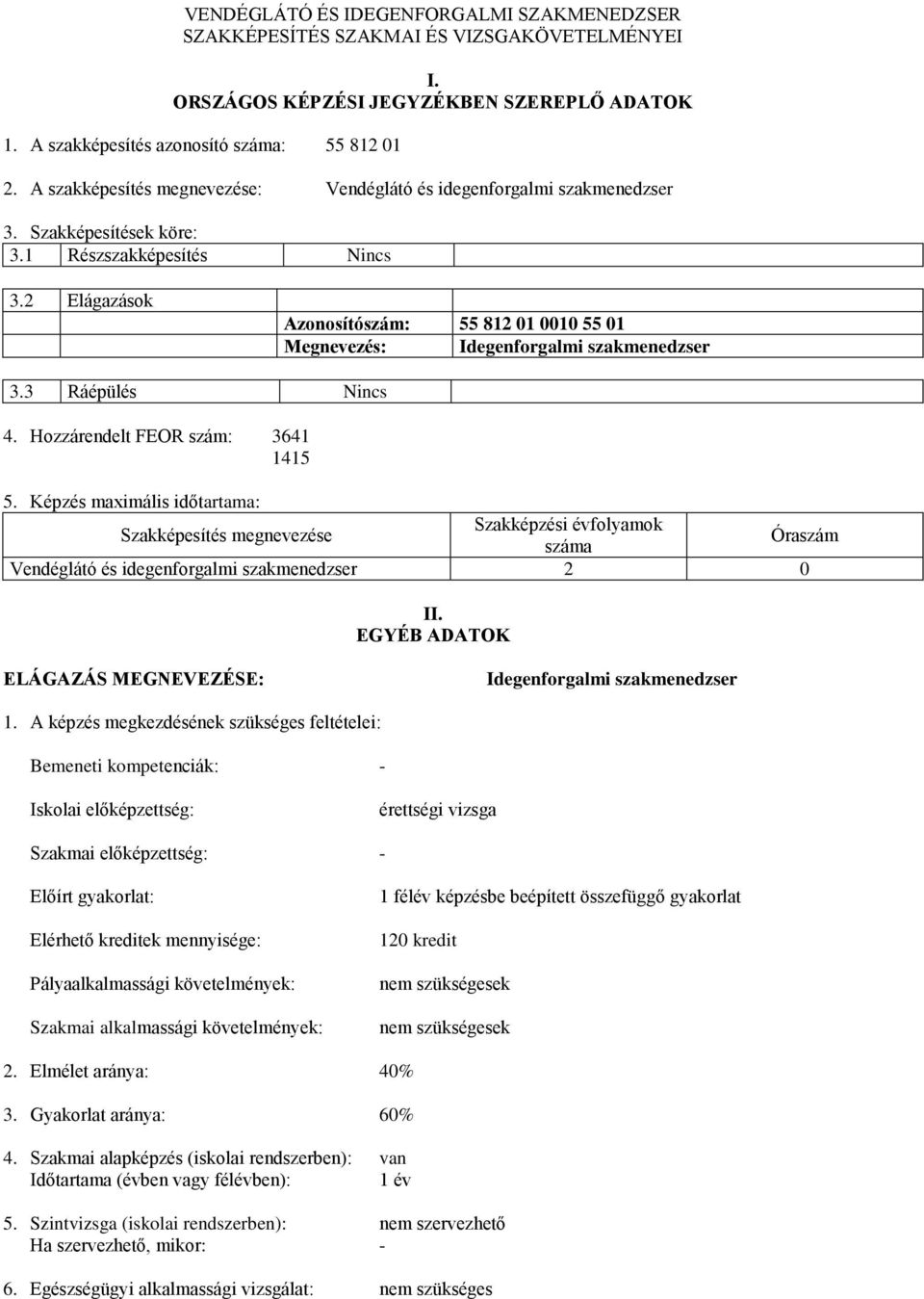 2 Elágazások Azonosítószám: 55 812 01 0010 55 01 Megnevezés: Idegenforgalmi szakmenedzser 3.3 Ráépülés Nincs 4. Hozzárendelt FEOR szám: 3641 1415 5.