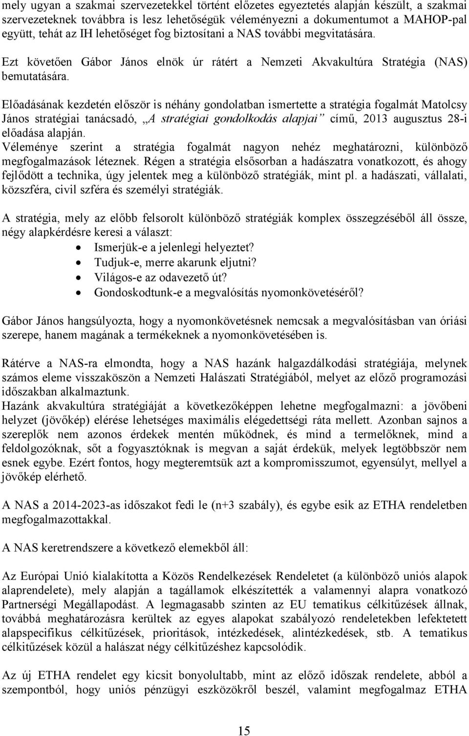 Előadásának kezdetén először is néhány gondolatban ismertette a stratégia fogalmát Matolcsy János stratégiai tanácsadó, A stratégiai gondolkodás alapjai című, 2013 augusztus 28-i előadása alapján.