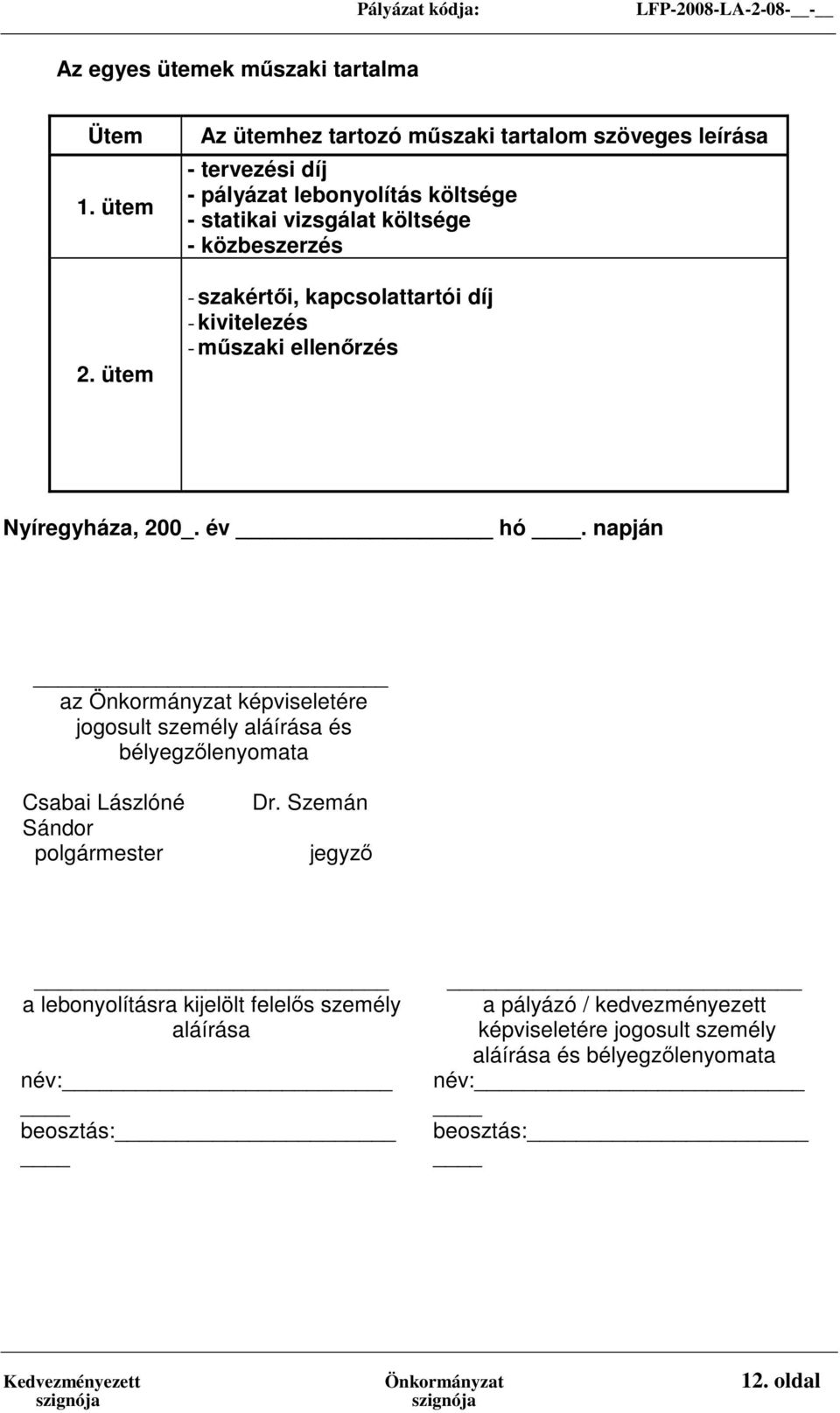 szakértői, kapcsolattartói díj - kivitelezés - műszaki ellenőrzés Nyíregyháza, 200_. év _ hó.