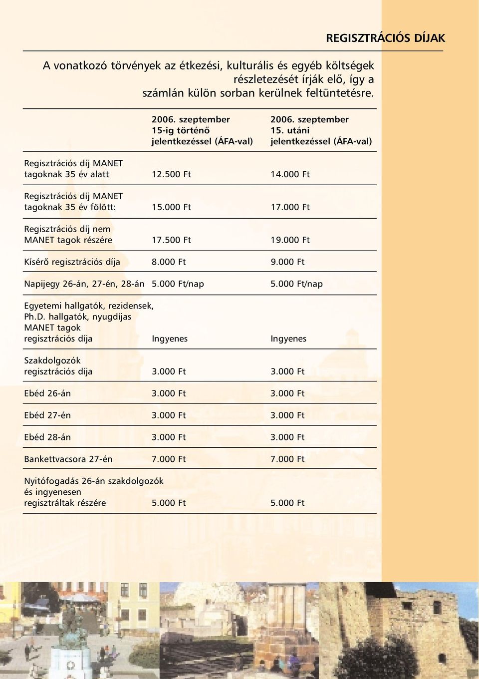 000 Ft Regisztrációs díj nem MANET tagok részére 17.500 Ft 19.000 Ft Kísérõ regisztrációs díja 8.000 Ft 9.000 Ft Napijegy 26-án, 27-én, 28-án 5.000 Ft/nap 5.