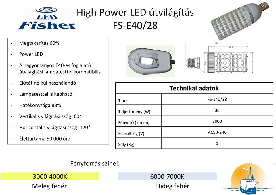 világítási szög: 60 - Horizontális világítási szög: 120 - Élettartama 50 000 óra Technikai adatok Típus FS-E40/28