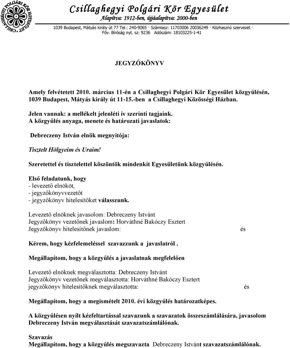 -ben a Csillaghegyi Közösségi Házban. Jelen vannak: a mellékelt jelenléti ív szerinti tagjaink.