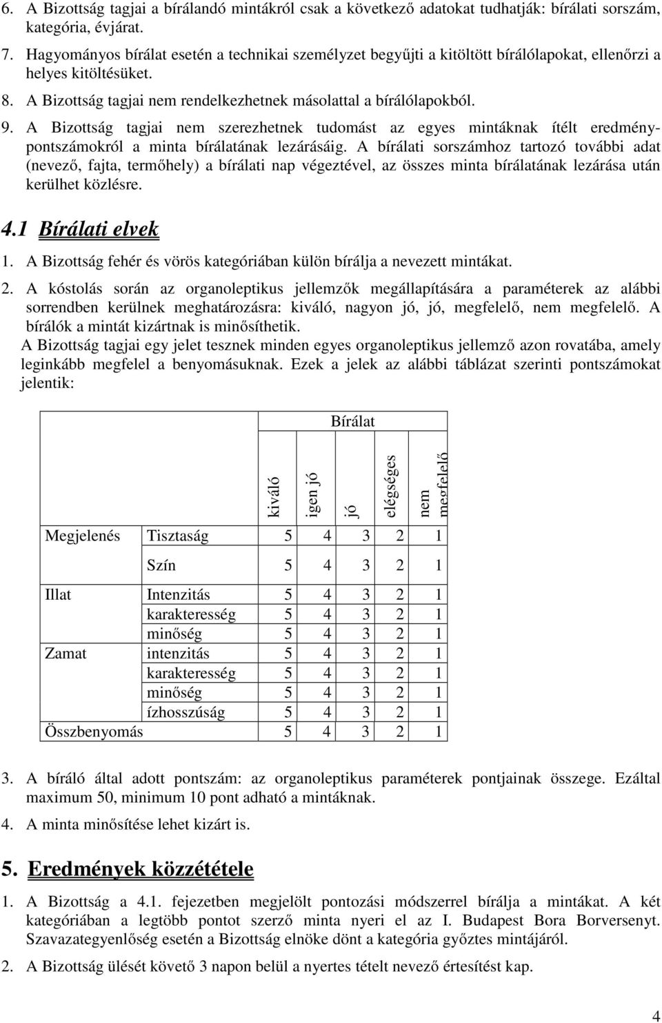 A Bizottság tagjai nem szerezhetnek tudomást az egyes mintáknak ítélt eredménypontszámokról a minta bírálatának lezárásáig.