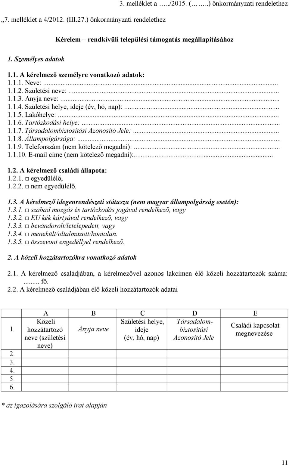 Társadalombiztosítási Azonosító Jele:... 1.1.8. Állampolgársága:... 1.1.9. Telefonszám (nem kötelező megadni):... 1.1.10. E-mail címe (nem kötelező megadni):... 1.2. A kérelmező családi állapota: 1.2.1. egyedülélő, 1.