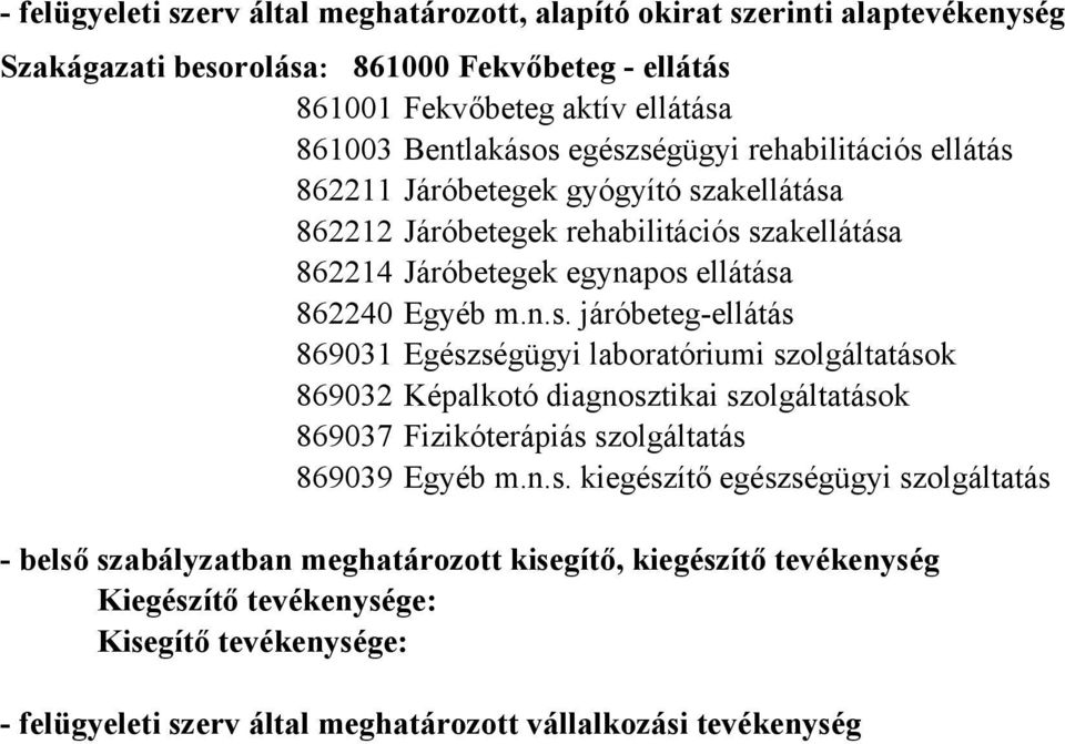 n.s. kiegészítő egészségügyi szolgáltatás belső szabályzatban meghatározott kisegítő, kiegészítő tevékenység Kiegészítő tevékenysége: Kisegítő tevékenysége: felügyeleti szerv által