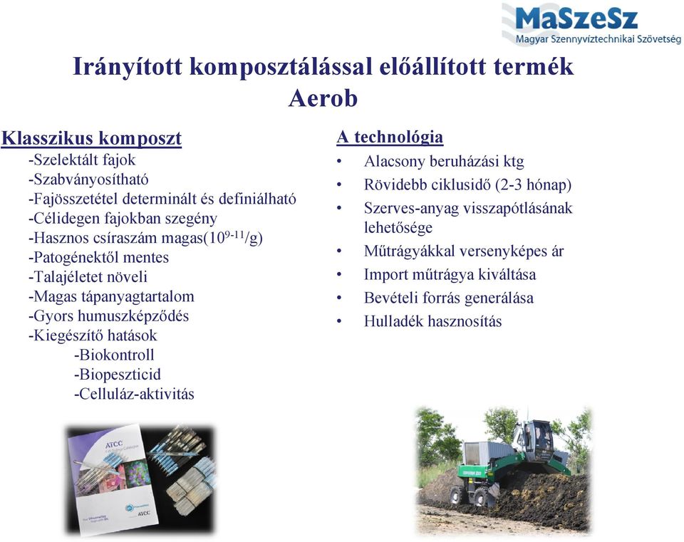 -Gyors humuszképződés -Kiegészítő hatások -Biokontroll -Biopeszticid -Celluláz-aktivitás A technológia Alacsony beruházási ktg Rövidebb ciklusidő
