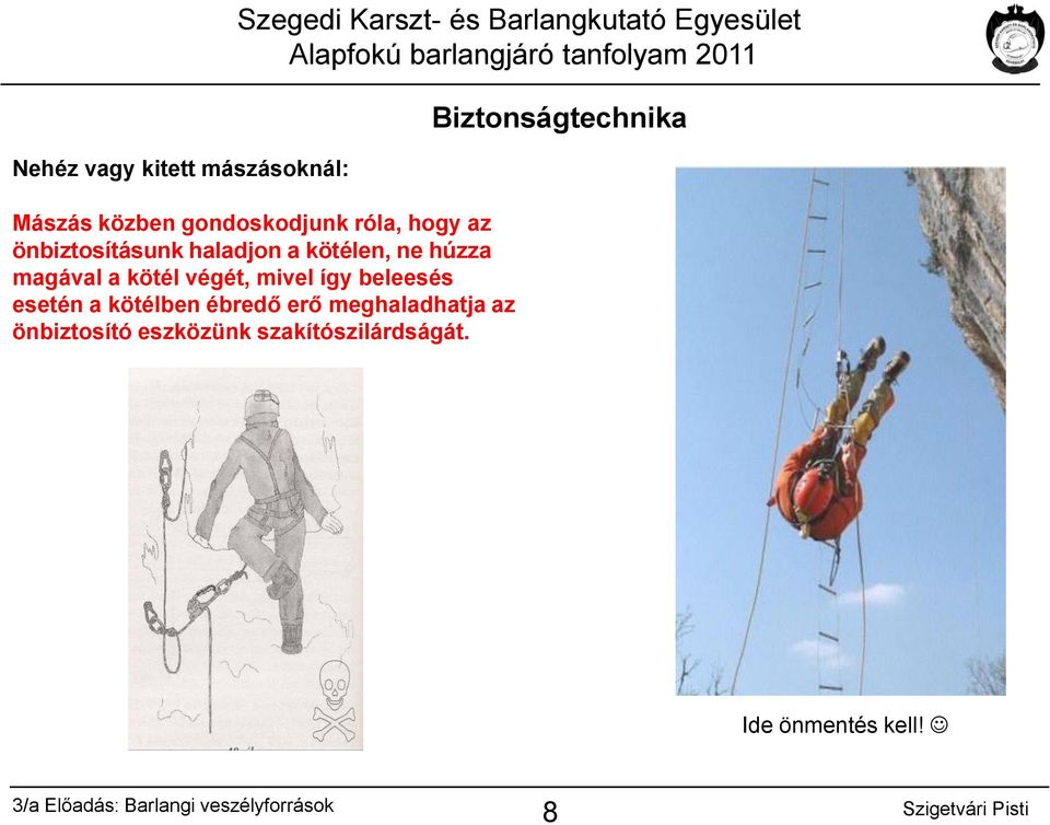 kötél végét, mivel így beleesés esetén a kötélben ébredő erő