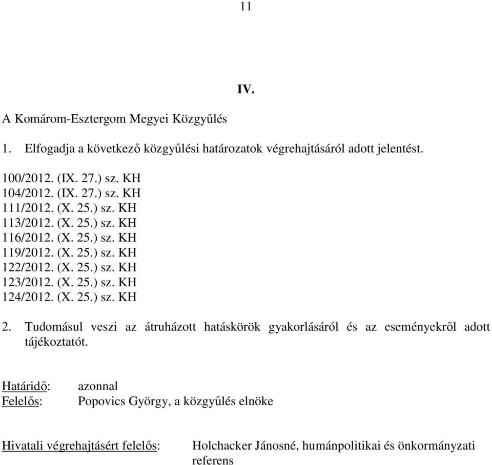 (X. 25.) sz. KH 124/2012. (X. 25.) sz. KH 2. Tudomásul veszi az átruházott hatáskörök gyakorlásáról és az eseményekről adott tájékoztatót.