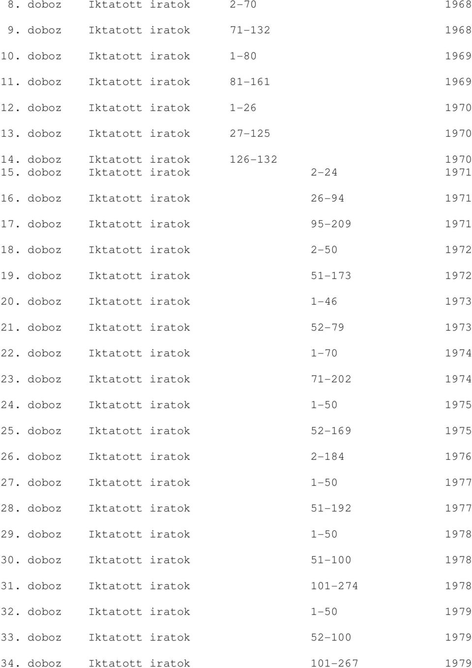 doboz Iktatott iratok 2-50 1972 19. doboz Iktatott iratok 51-173 1972 20. doboz Iktatott iratok 1-46 1973 21. doboz Iktatott iratok 52-79 1973 22. doboz Iktatott iratok 1-70 1974 23.