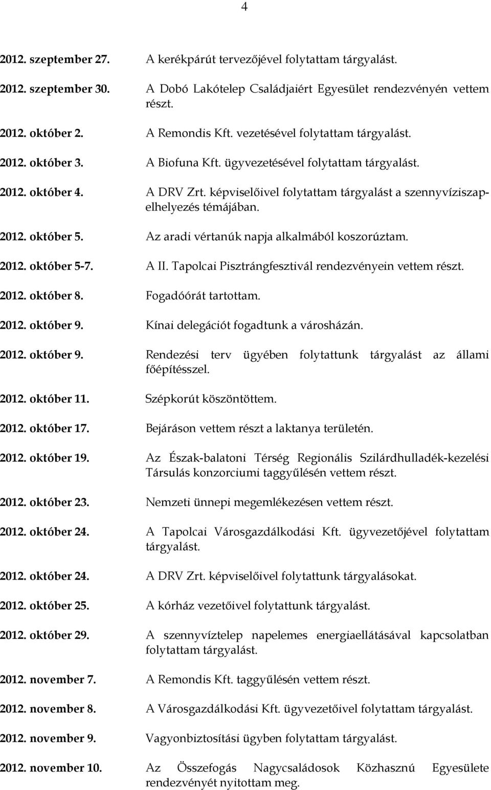 képviselőivel folytattam tárgyalást a szennyvíziszapelhelyezés témájában. 2012. október 5. Az aradi vértanúk napja alkalmából koszorúztam. 2012. október 5-7. A II.