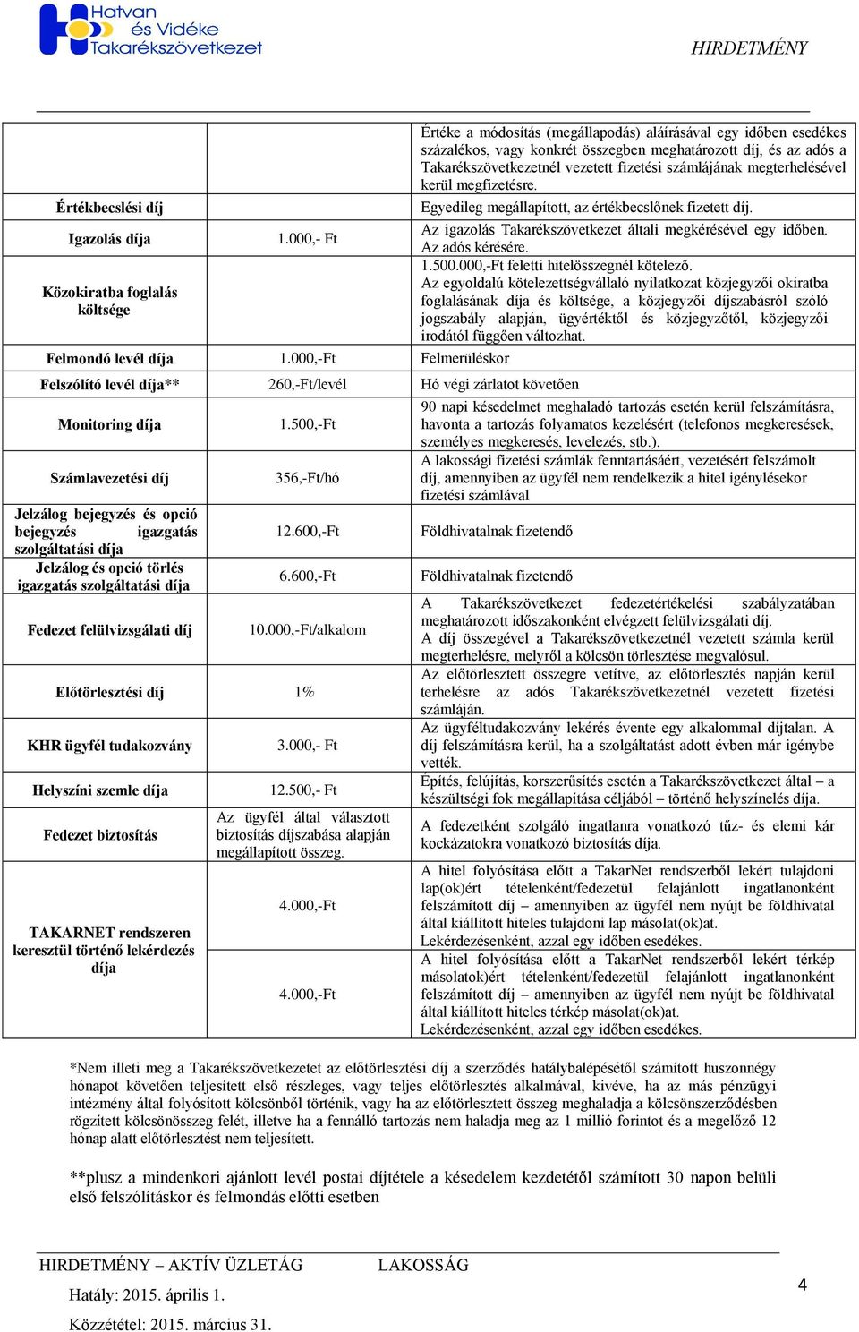 igazgatás szolgáltatási a Fedezet felülvizsgálati 1.500,-Ft 356,-Ft/hó 12.600,-Ft 6.600,-Ft 10.