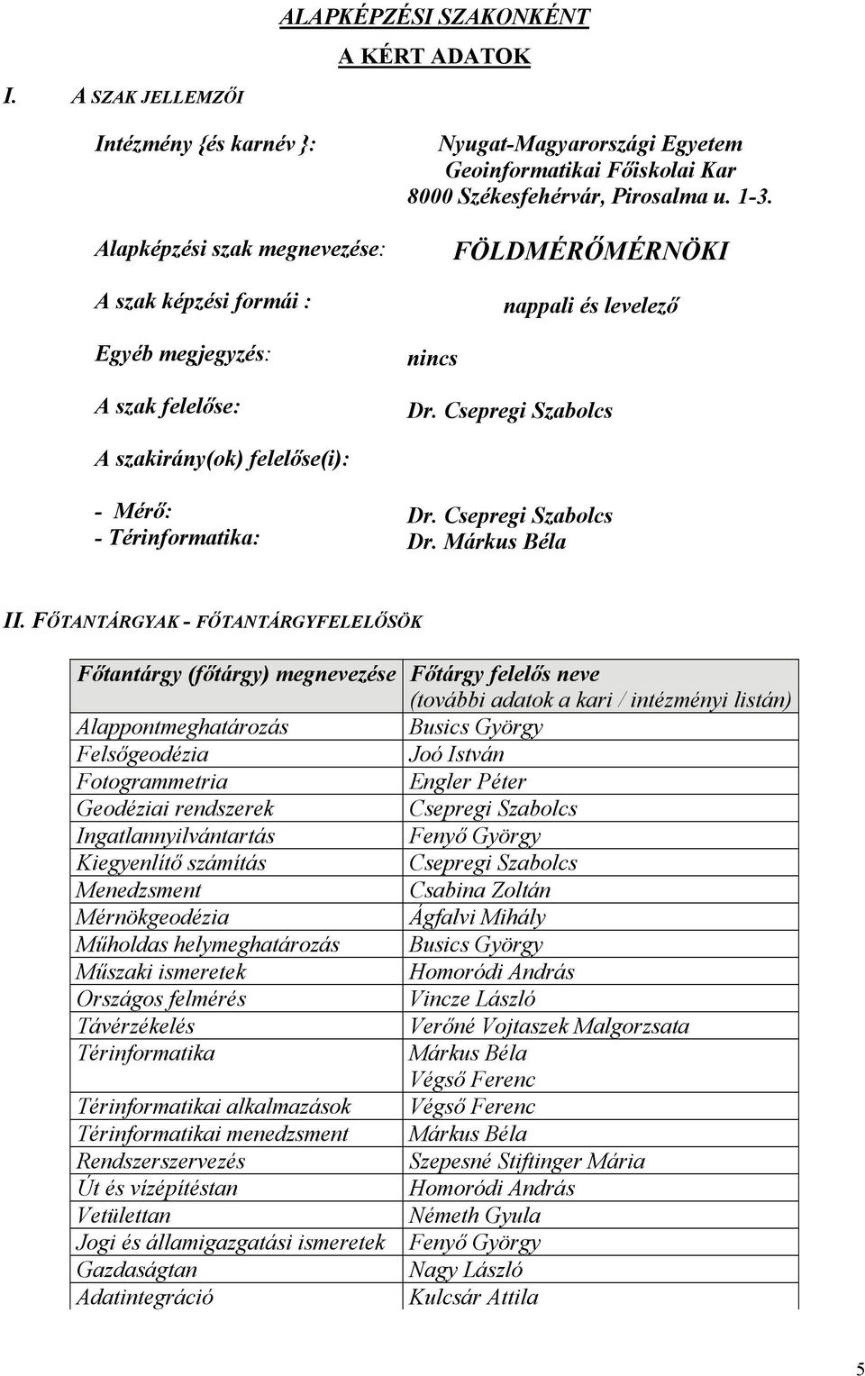 nincs FÖLDMÉRŐMÉRNÖKI nappali és levelező Dr. Csepregi Szabolcs A szakirány(ok) felelőse(i): - Mérő: - Térinformatika: Dr. Csepregi Szabolcs Dr. Márkus Béla II.