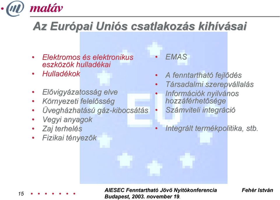 Fizikai tényezők EMAS A fenntartható fejlődés Társadalmi szerepvállalás