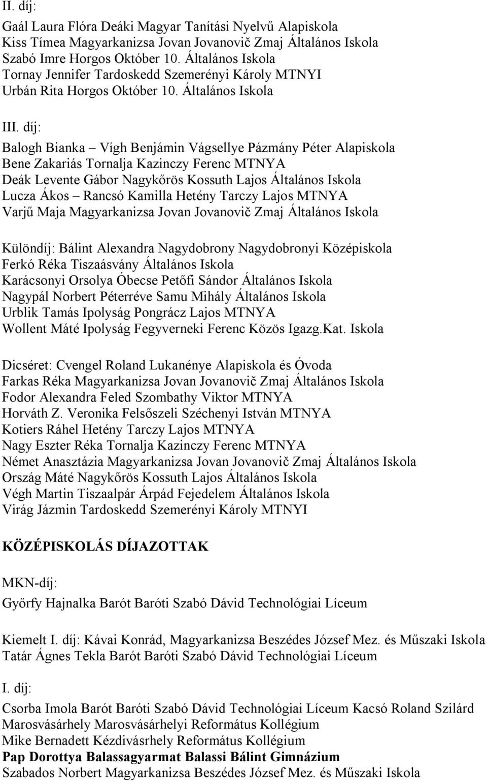 díj: Balogh Bianka Vígh Benjámin Vágsellye Pázmány Péter Alapiskola Bene Zakariás Tornalja Kazinczy Ferenc MTNYA Deák Levente Gábor Nagykőrös Kossuth Lajos Általános Iskola Lucza Ákos Rancsó Kamilla