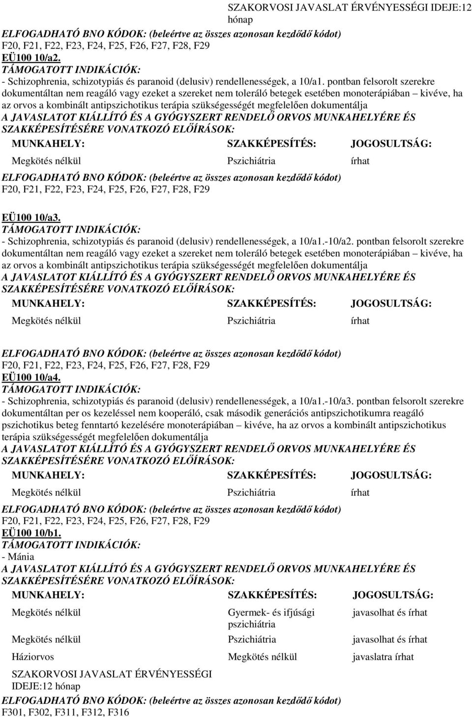 megfelelıen dokumentálja Megkötés nélkül Pszichiátria F20, F21, F22, F23, F24, F25, F26, F27, F28, F29 EÜ100 10/a3. - Schizophrenia, schizotypiás és paranoid (delusiv) rendellenességek, a 10/a1.