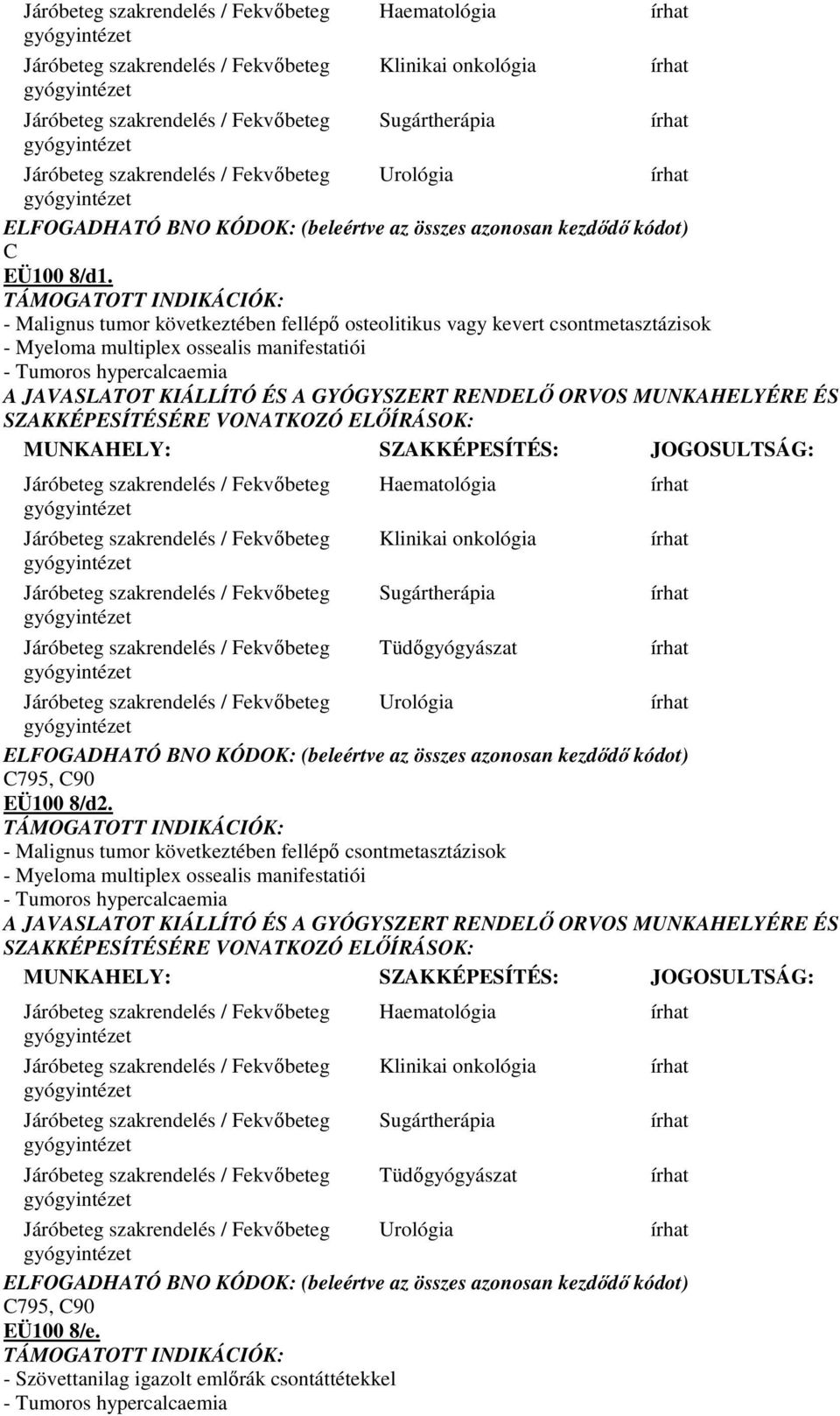 Haematológia Klinikai onkológia Sugártherápia Tüdıgyógyászat Urológia C795, C90 EÜ100 8/d2.