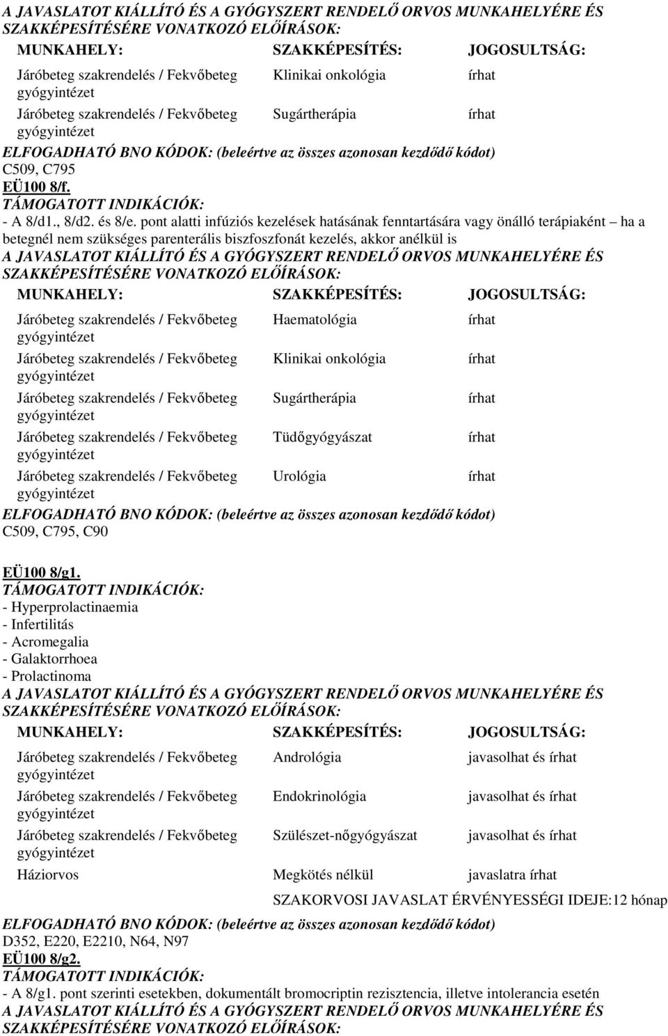 Haematológia Klinikai onkológia Sugártherápia Tüdıgyógyászat Urológia C509, C795, C90 EÜ100 8/g1.