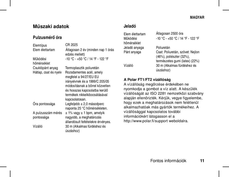 nikkelkibocsátásával kapcsolatosan. Óra pontossága Legfeljebb ± 2,0 másodperc naponta 25 C hőmérsékleten.