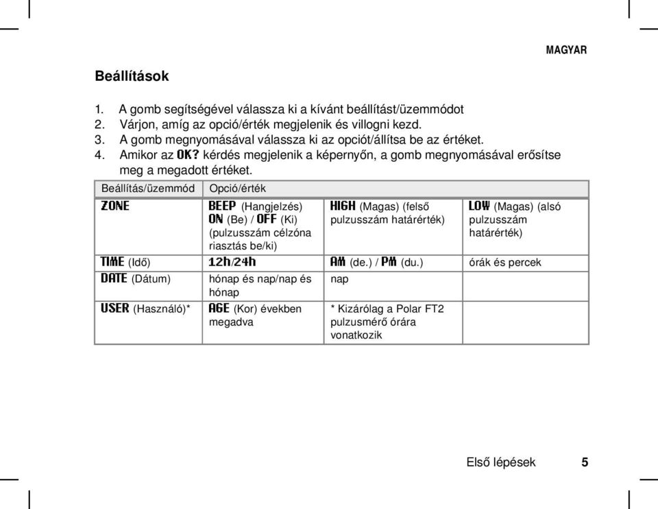 Beállítás/üzemmód Opció/érték ZONE BEEP (Hangjelzés) ON (Be) / OFF (Ki) HIGH (Magas) (felső LOW (Magas) (alsó pulzusszám határérték) pulzusszám határérték) órák és percek