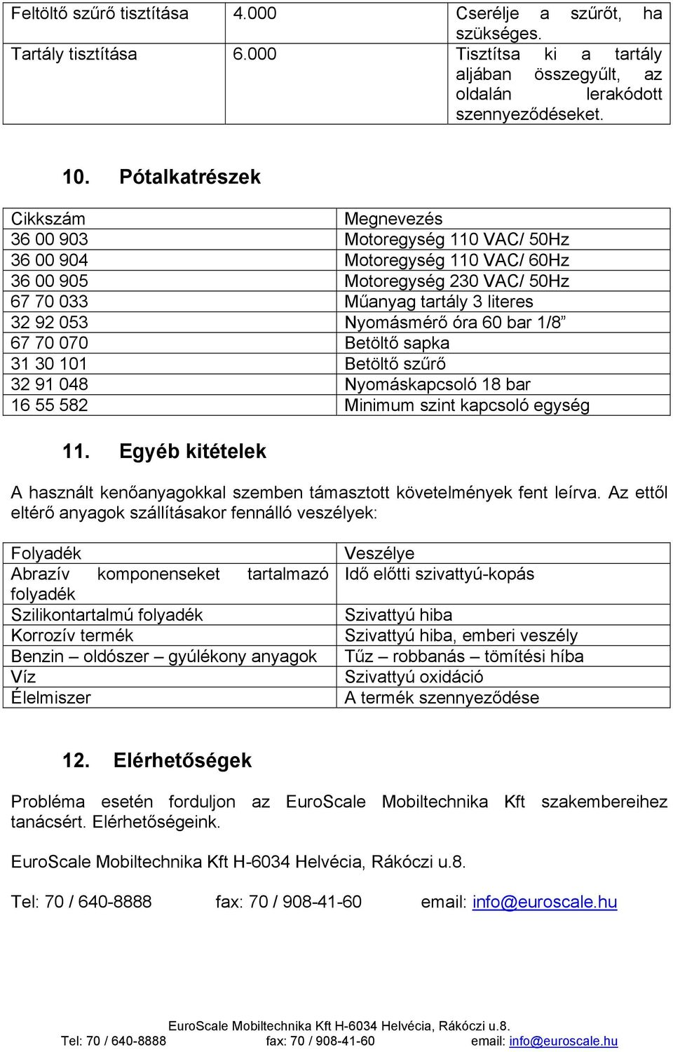 óra 60 bar 1/8 67 70 070 Betöltő sapka 31 30 101 Betöltő szűrő 32 91 048 Nyomáskapcsoló 18 bar 16 55 582 Minimum szint kapcsoló egység 11.