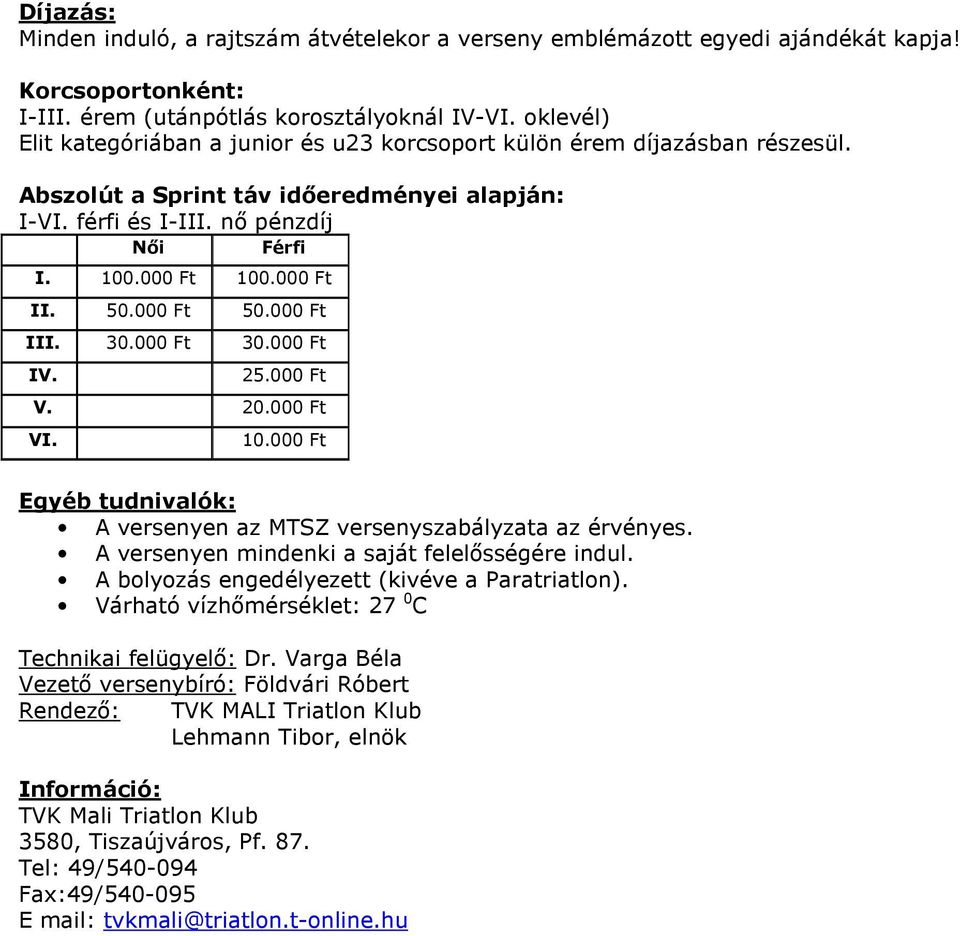 000 Ft II. 50.000 Ft 50.000 Ft III. 30.000 Ft IV. 30.000 Ft 25.000 Ft V. 20.000 Ft VI. 10.000 Ft Egyéb tudnivalók: A versenyen az MTSZ versenyszabályzata az érvényes.