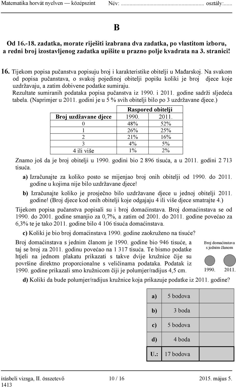 i 2011. godine sadrži sljedeća tabela. (Naprimjer u 2011. godini je u 5 % svih obitelji bilo po 3 uzdržavane djece.) Raspored obitelji Broj uzdžavane djece 1990. 2011. 0 48% 52% 1 26% 25% 2 21% 16% 3 4% 5% 4 ili više 1% 2% Znamo još da je broj obitelji u 1990.