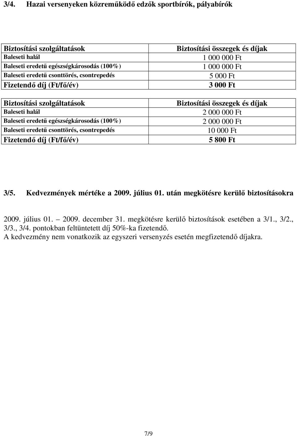 2 000 000 Ft 2 000 000 Ft 10 000 Ft 5 800 Ft 3/5. Kedvezmények mértéke a 2009. július 01. után megkötésre kerülő biztosításokra 2009. július 01. 2009. december 31.