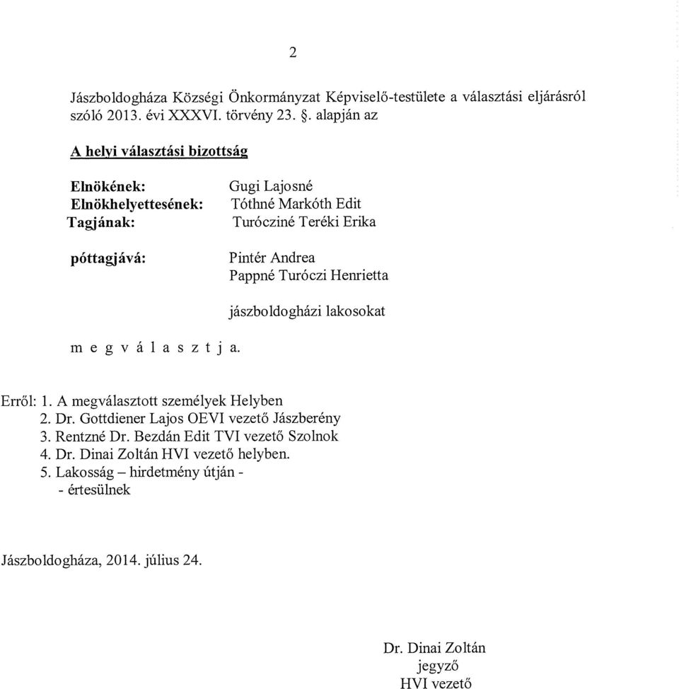 Andrea Pappné Turóczi Henrietta rn e g v á 1 a s z t j a. jászboldogházi lakosokat Erről: 1. A megválasztott személyek Helyben 2. Dr.