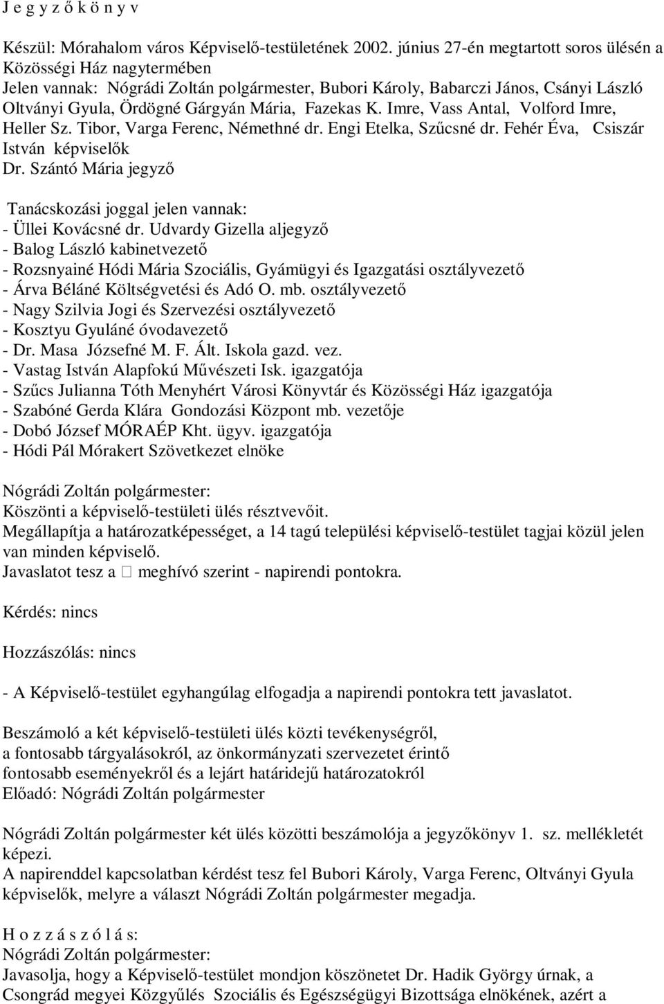 Fazekas K. Imre, Vass Antal, Volford Imre, Heller Sz. Tibor, Varga Ferenc, Némethné dr. Engi Etelka, Szűcsné dr. Fehér Éva, Csiszár István képviselők Dr.
