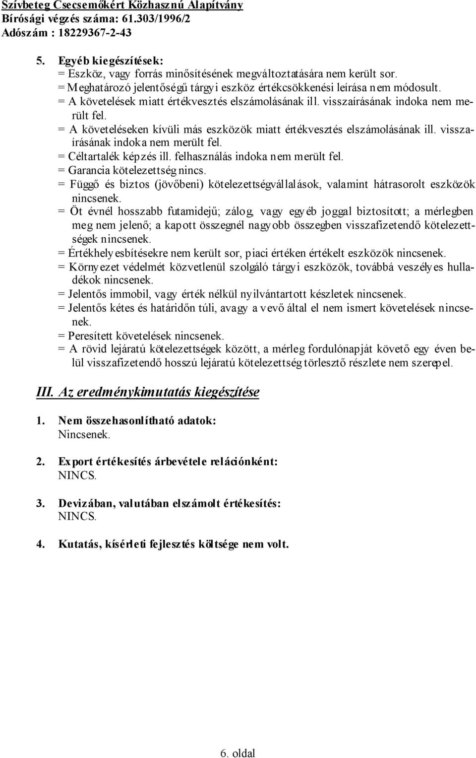 visszaírásának indoka nem merült fel. = Céltartalék képzés ill. felhasználás indoka nem merült fel. = Garancia kötelezettség nincs.