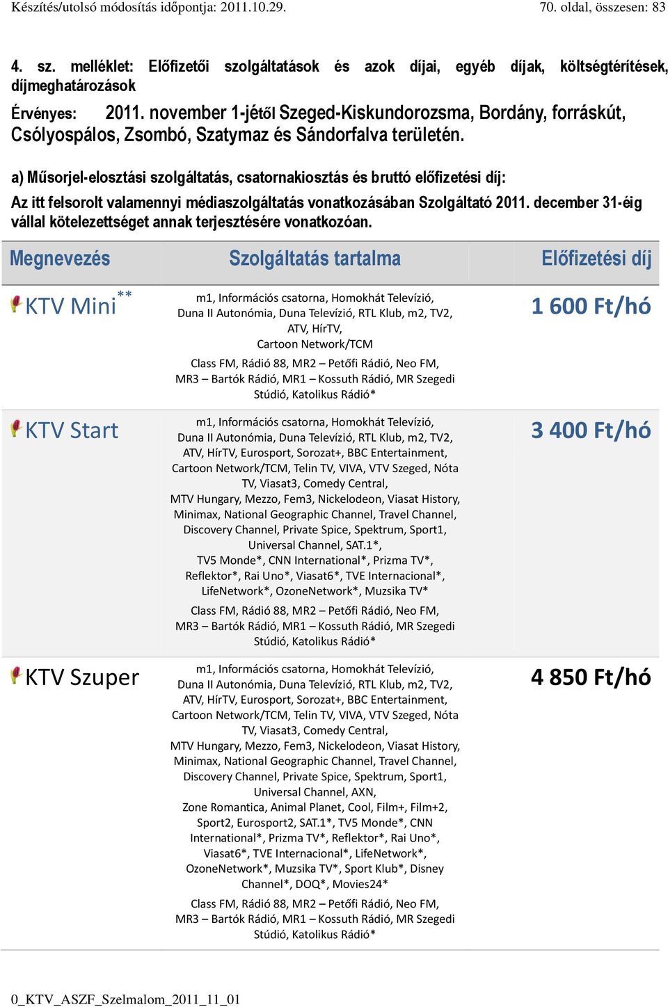 a) Műsorjel-elosztási elosztási szolgáltatás, csatornakiosztás és bruttó előfizetési díj: Az itt felsorolt valamennyi médiaszolgáltatás vonatkozásában Szolgáltató 2011.