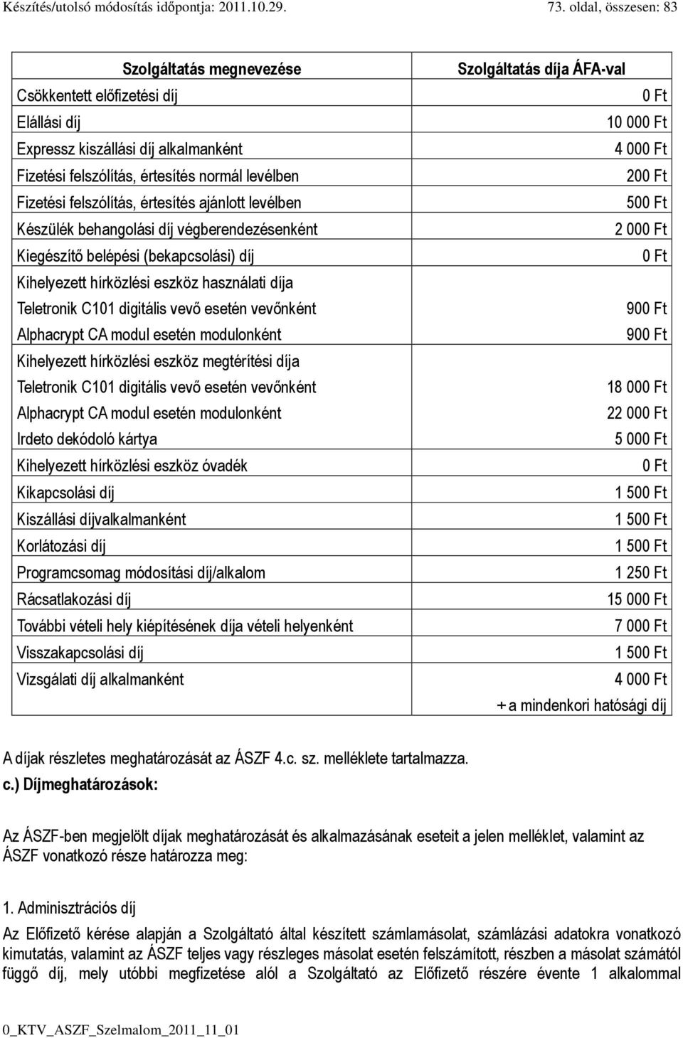 értesítés ajánlott levélben Készülék behangolási díj végberendezésenként Kiegészítő belépési (bekapcsolási) díj Kihelyezett hírközlési eszköz használati díja Teletronik C101 digitális vevő esetén