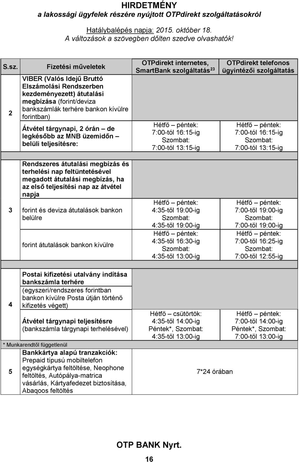 7:00-tól 13:15-ig 3 Rendszeres átutalási megbízás és terhelési nap feltüntetésével megadott átutalási megbízás, ha az első teljesítési nap az átvétel napja forint és deviza átutalások bankon belülre