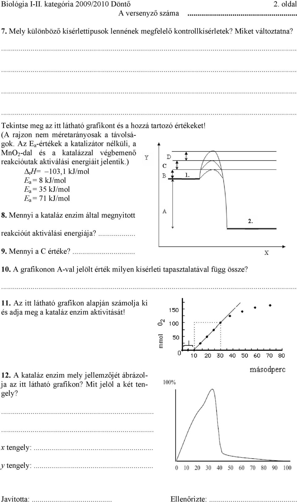 Az E a -értékek a katalizátor nélküli, a MnO 2 -dal és a katalázzal végbemenő reakcióutak aktiválási energiáit jelentik.) r H= 103,1 kj/mol E a = 8 kj/mol E a = 35 kj/mol E a = 71 kj/mol 8.